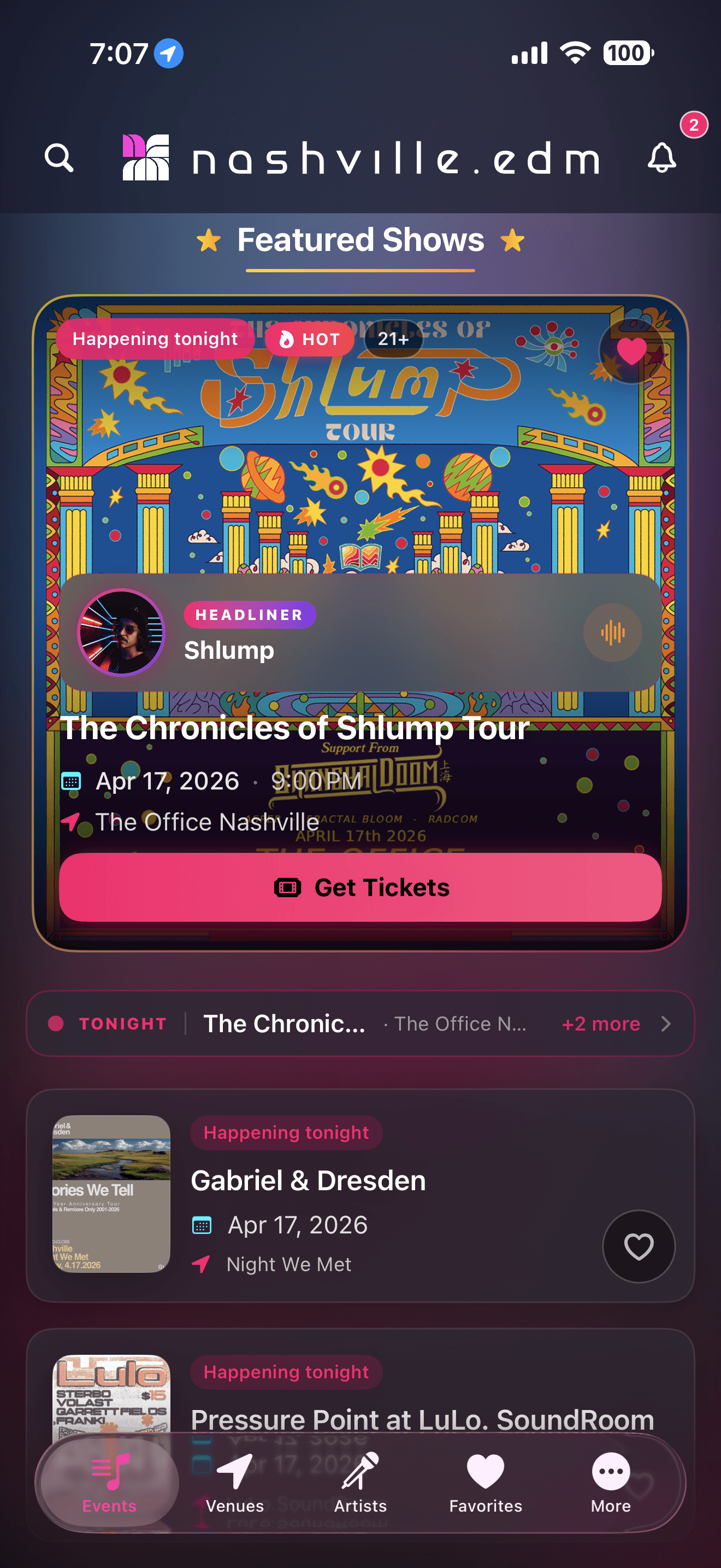 Nashville EDM app — home screen showing featured shows