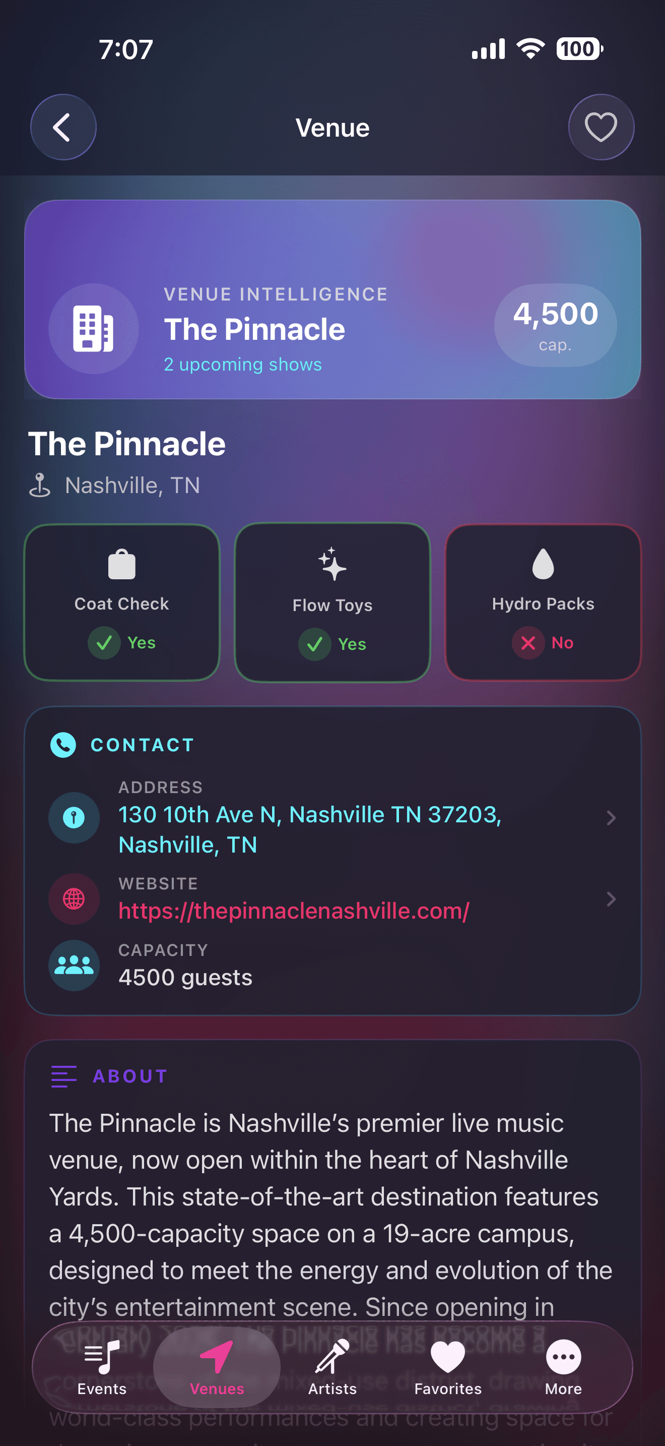 Nashville EDM app — venue intelligence page
